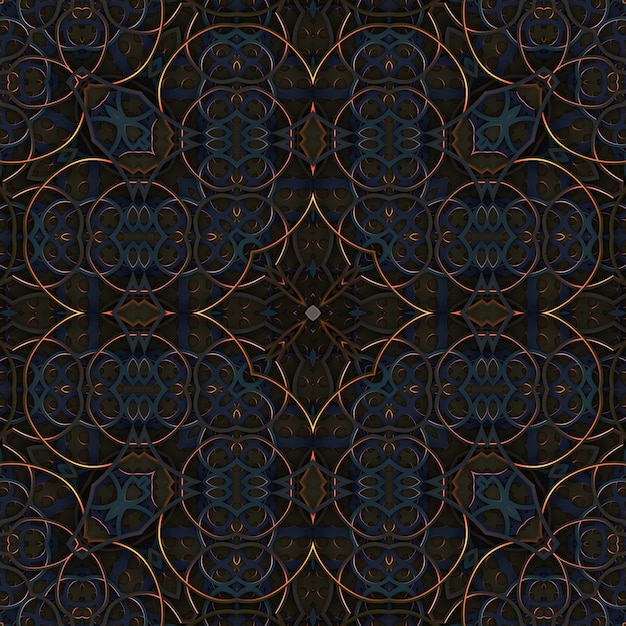 Fundo abstrato escuro vintage retro ornamentado, elementos de padrão geométrico simétrico curvado, efeito caleidoscópio