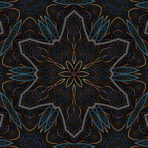 Fundo abstrato escuro vintage retro ornamentado, elementos de padrão geométrico simétrico curvado, efeito caleidoscópio