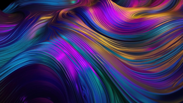 Fundo abstrato folha holográfica iridescente textura metálica papel de parede ondulado ultravioleta ondulações fluidas superfície de metal líquido esotérico espectro de aura matiz brilhante cores generativas Ai