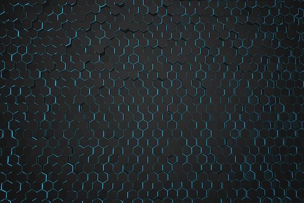 Fundo abstrato hexágono preto com luz brilhante. Ilustração de renderização 3D.