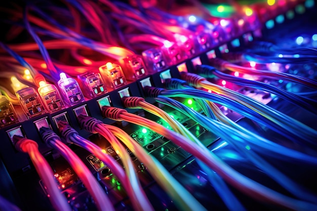 Fundo abstrato multicolorido luzes de néon brilhantes conexão de rede de fibra óptica altas tecnologias de computador grandes bancos de dados