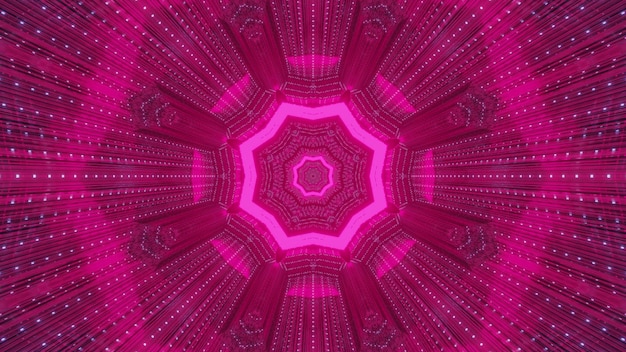 Fundo abstrato, ornamento simétrico brilhando com luz de néon rosa e formando um túnel