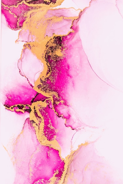 Fundo abstrato ouro rosa da pintura artística de tinta líquida de mármore no papel.