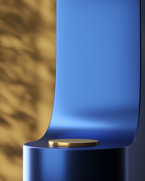 Fundo abstrato para apresentação do produto. curva azul brilhante e base do círculo de ouro na frente do fundo marrom com sombra de plantas. renderização 3d