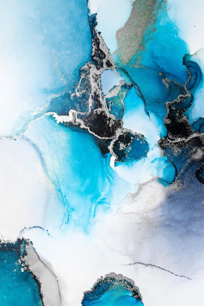 Fundo abstrato prateado azul de pintura de arte de tinta líquida de mármore em papel