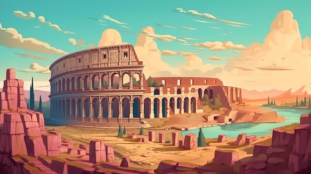 Fundo abstrato Roma antiga O palco para uma jornada histórica com uma ilustração de um antigo coliseu romano como plano de fundo Generative AI