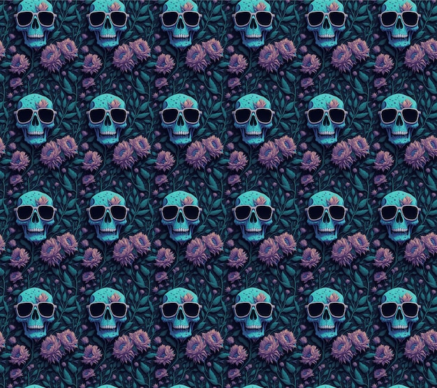 Fundo abstrato sem emenda de Halloween com sinistros crânios sorridentes em cor azul e flores Generative AI