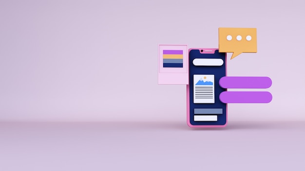 Fundo abstrato, simulação de aplicativo de telefone de cena com espaço de bate-papo, para web. Renderização 3d