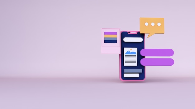 Fundo abstrato, simulação de aplicativo de telefone de cena com espaço de bate-papo, para web. renderização 3d