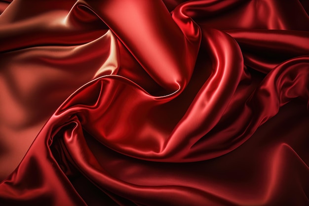 Fundo abstrato tecido de seda de cetim vermelho luxuosas ondas elegantes dobras tecido de textura gerado por ia