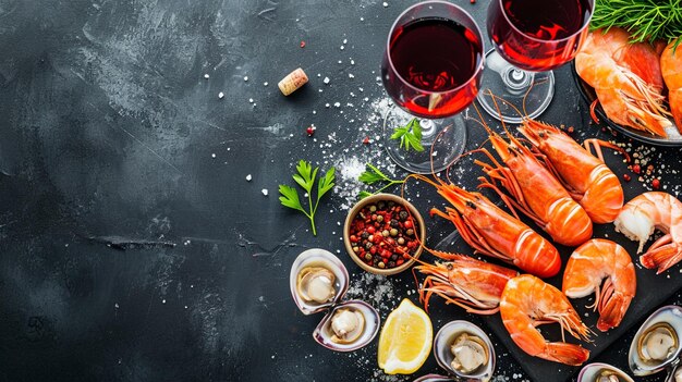 Fundo alimentar com frutos do mar e vinho Generative Ai