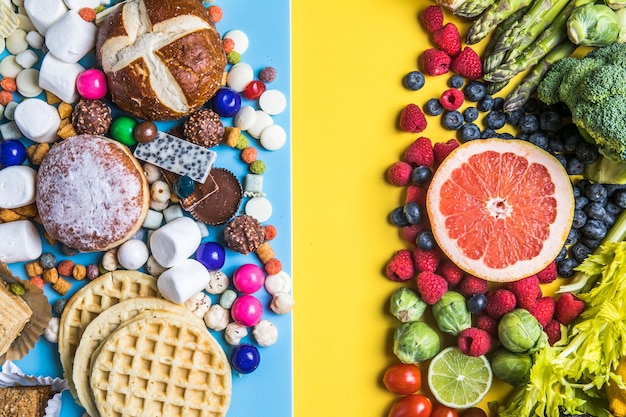 Foto fundo alimentar saudável e insalubre de frutas e legumes vs doces de fast food e vista superior de pastelaria dieta e desintoxicação contra calorias e conceito de estilo de vida com excesso de peso