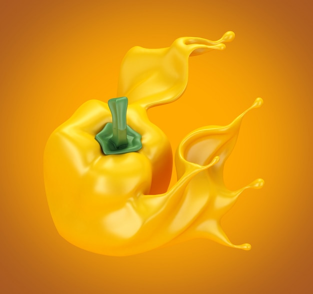 Fundo amarelo com páprica e ketchup splash, molho, suco. Ilustração 3d, renderização em 3d
