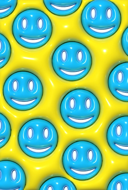 Foto fundo amarelo com rostos azuis que sorriem ilustração de renderização 3d