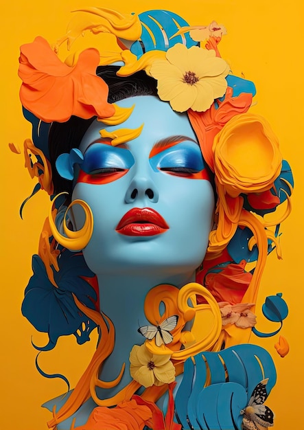 fundo amarelo com um rosto de mulher no estilo do surrealismo floral