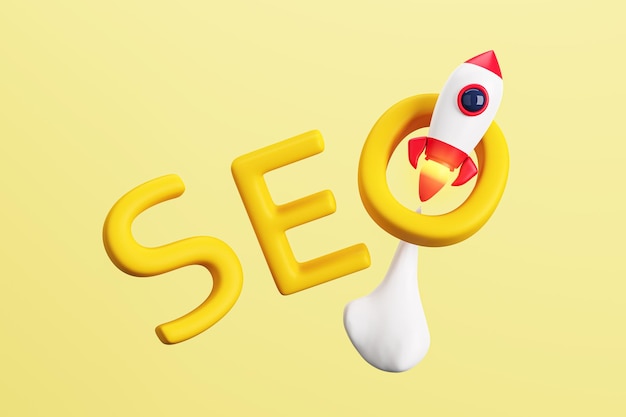 Fundo amarelo criativo com foguete voador e inicialização de SEO de palavra e conceito de desenvolvimento web Renderização em 3D