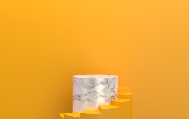 Fundo amarelo, pedestal de mármore cilíndrico, conjunto de grupos de formas geométricas abstratas, renderização em 3D, cena com formas geométricas