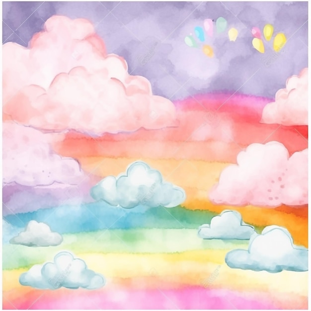 Fundo aquarela com um arco-íris e nuvens