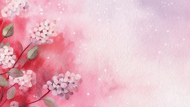 Fundo aquarela com um ramo de flores lilás em um fundo rosa