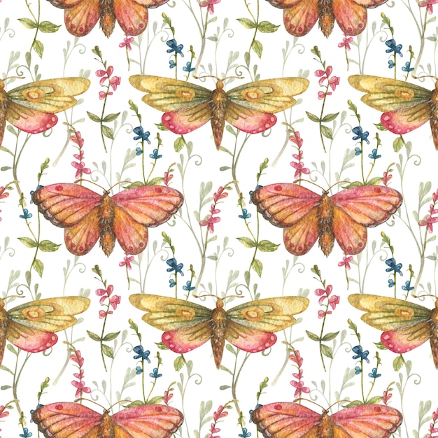 Fundo aquarela de borboletas brilhantes desenhadas à mão, mariposas e flores silvestres coloridas