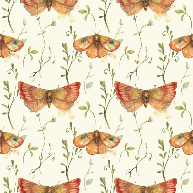 Fundo aquarela de borboletas brilhantes desenhadas à mão, mariposas e flores silvestres coloridas