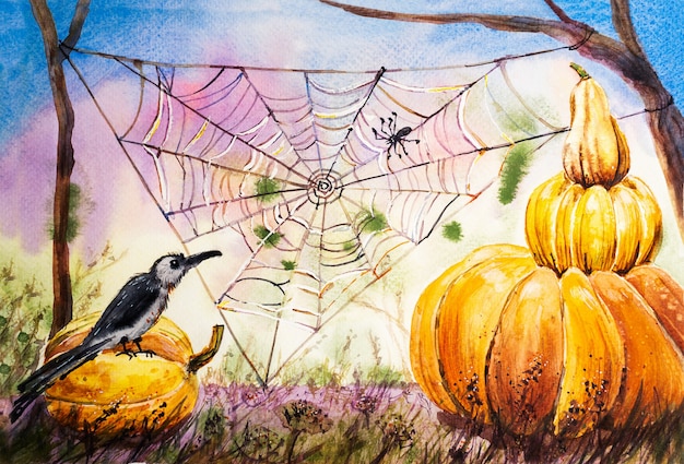 Fundo aquarela de halloween. abóboras e teias de aranha na floresta festiva