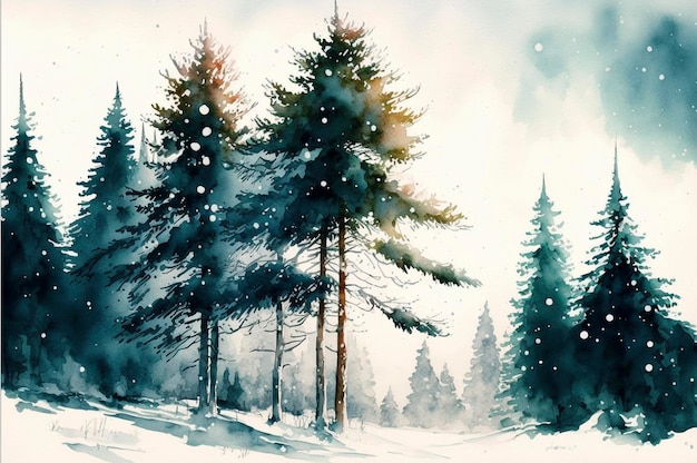 Fundo aquarela desenhado paisagem de floresta nebulosa Natureza selvagem congelada taiga enevoada Criada com tecnologia Generative AI