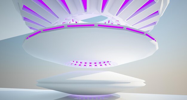 Fundo arquitetônico abstrato branco interior com discos Iluminação gradiente neon colorida 3D