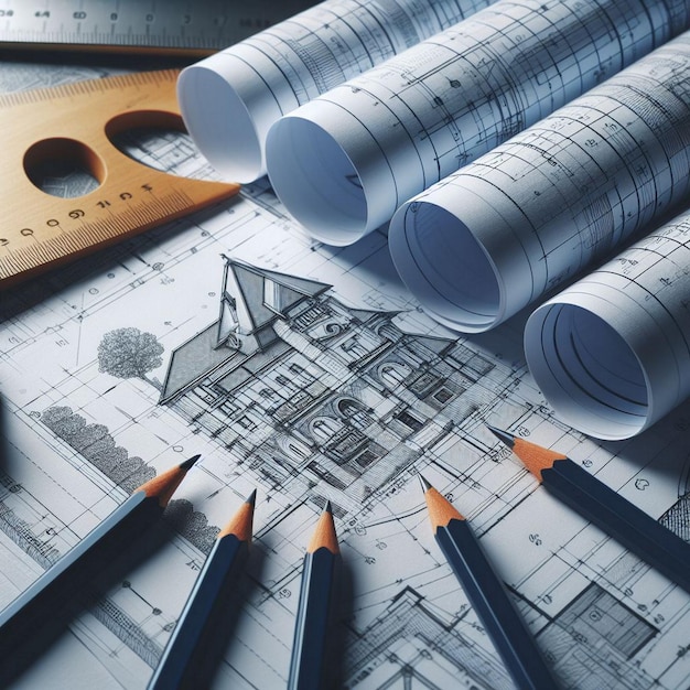 Fundo arquitetônico com planos, modelo de casa, calculadora e lápis Conceito de construção