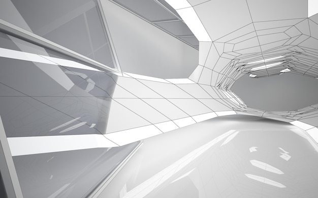 Fundo arquitetônico de desenho abstrato. Interior branco com discos e iluminação neon. 3D