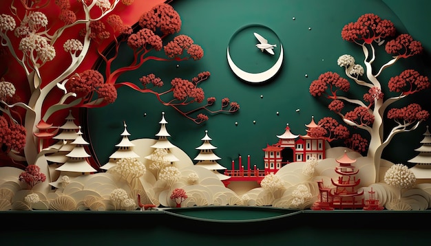fundo artístico abstrato com flores árvores pássaro lua e casas