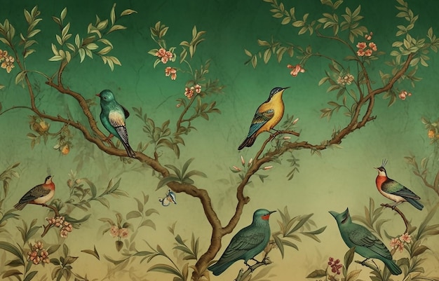Fundo artístico abstrato Ilustração vintage flores ramos pássaros ouro arte moderna