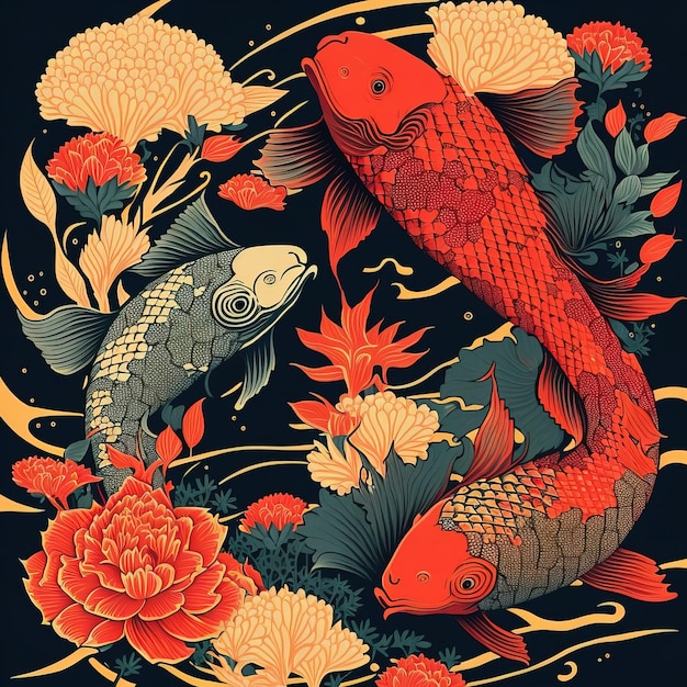 Fundo asiático, estilo japonês oriental, design de plano de fundo abstrato com peixes koi decorados