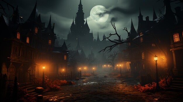 fundo assustador da noite de Halloween com uma lanterna abóboras lanternas morcegos e cemitério
