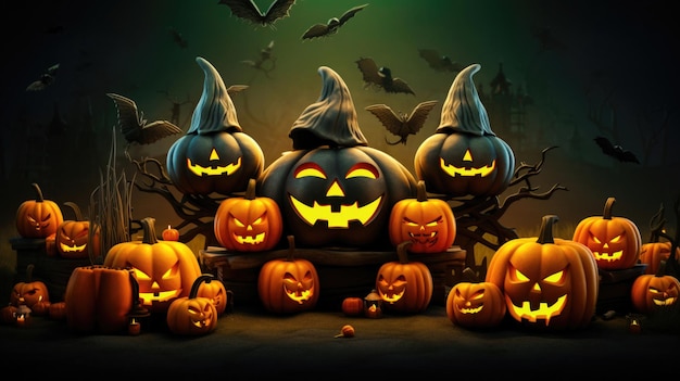 Fundo assustador de Halloween com rostos malignos e morcegos em fundo assustador