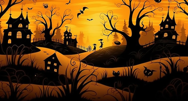 Fundo assustador de Halloween Laranja e pretoLua cheia Morcegos voando no céu em uma casa mal-assombrada