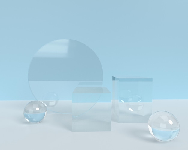 Foto fundo azul 3d com pódios de produtos de vidro