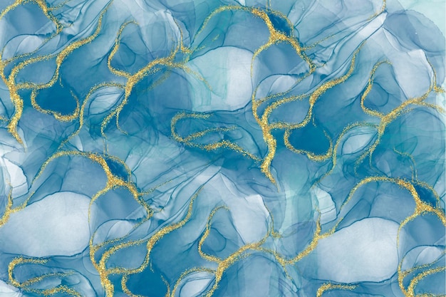 Fundo azul abstrato com plissado feito com tinta a álcool e pigmento dourado