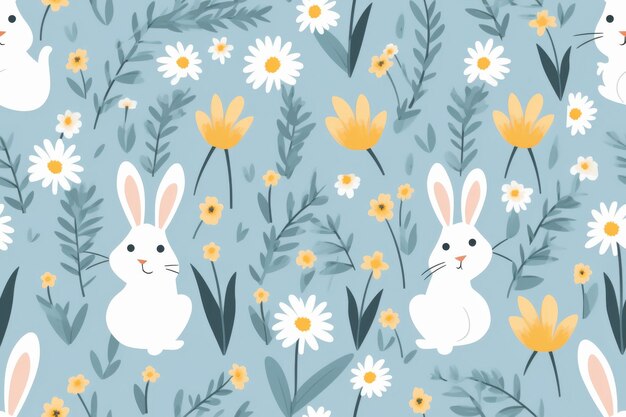 Fundo azul com coelhos brancos e flores amarelas