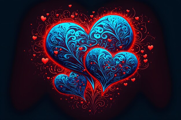fundo azul com corações de néon vermelho