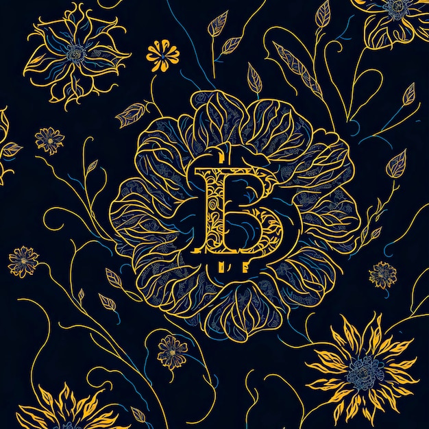 Fundo azul com desenho floral com a letra b em dourado.