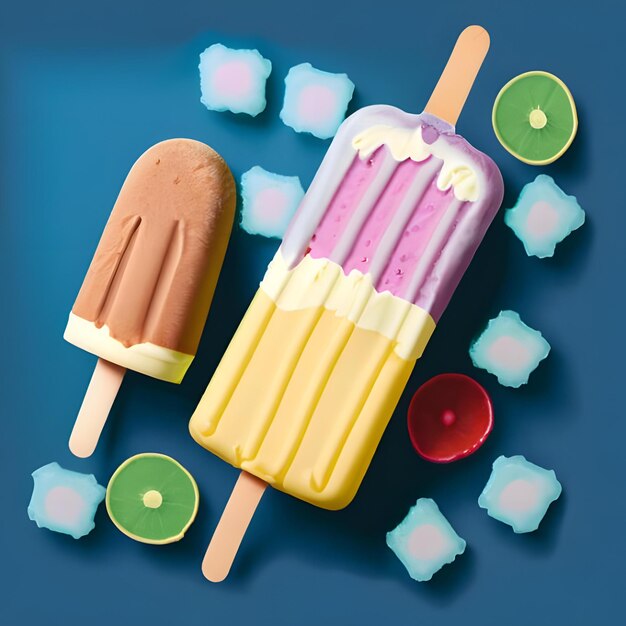 fundo azul com diferentes sabores saboroso sorvete popsicle