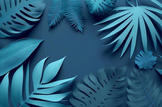 Fundo azul com folhas tropicais em um fundo azul escuro.