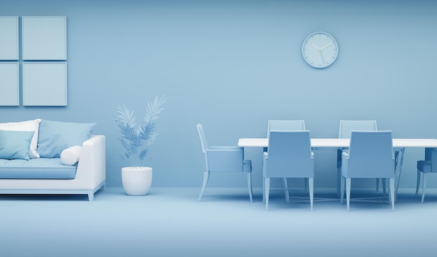Fundo azul com mesa de jantar, relógio. renderização 3D para página da web
