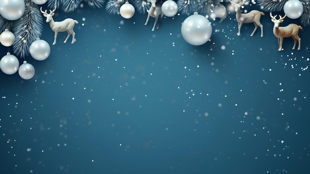 Fundo azul do ano novo com árvores e bolas de Natal dos cervos 1