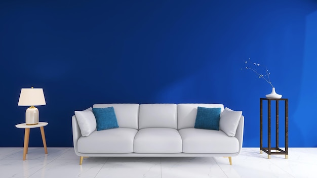 Fundo azul e sofá branco sala de estar design de interiores 3D renderização