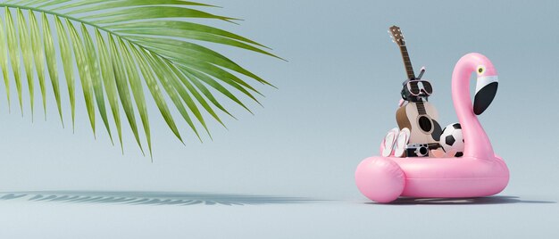 Foto fundo azul festivo de verão flamingo guitarra de brinquedo inflável mergulho sem óculosandalscâmera de filmebola de óculos de sol palmeira ilustração de renderização 3d