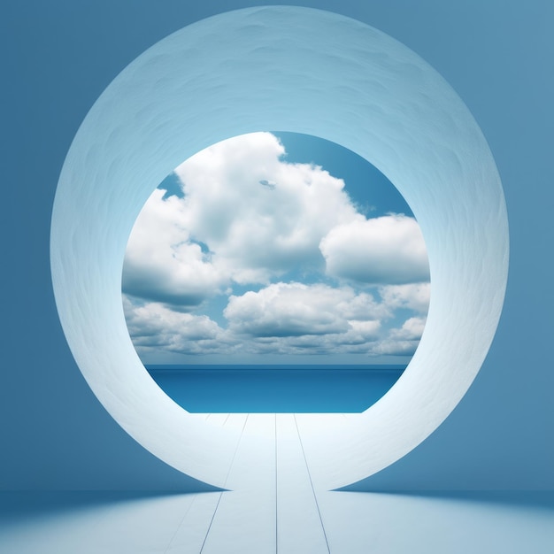 Fundo azul minimalista com túnel e nuvens brancas Generative AI