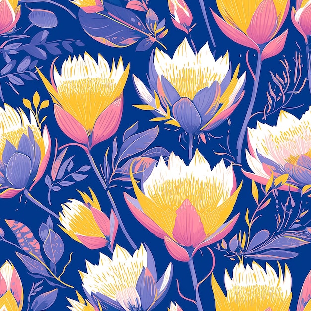 Foto fundo azul profundo pops com padrão floral roxo-amarelo flores detalhadas em vários tamanhos com g