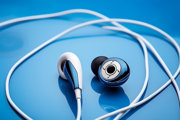 Foto fundo azul refletindo fones de ouvido 5g